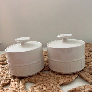 Yamaka Japan White Embossed Weave Damask Set of 2 Lidded Pots - Vintage